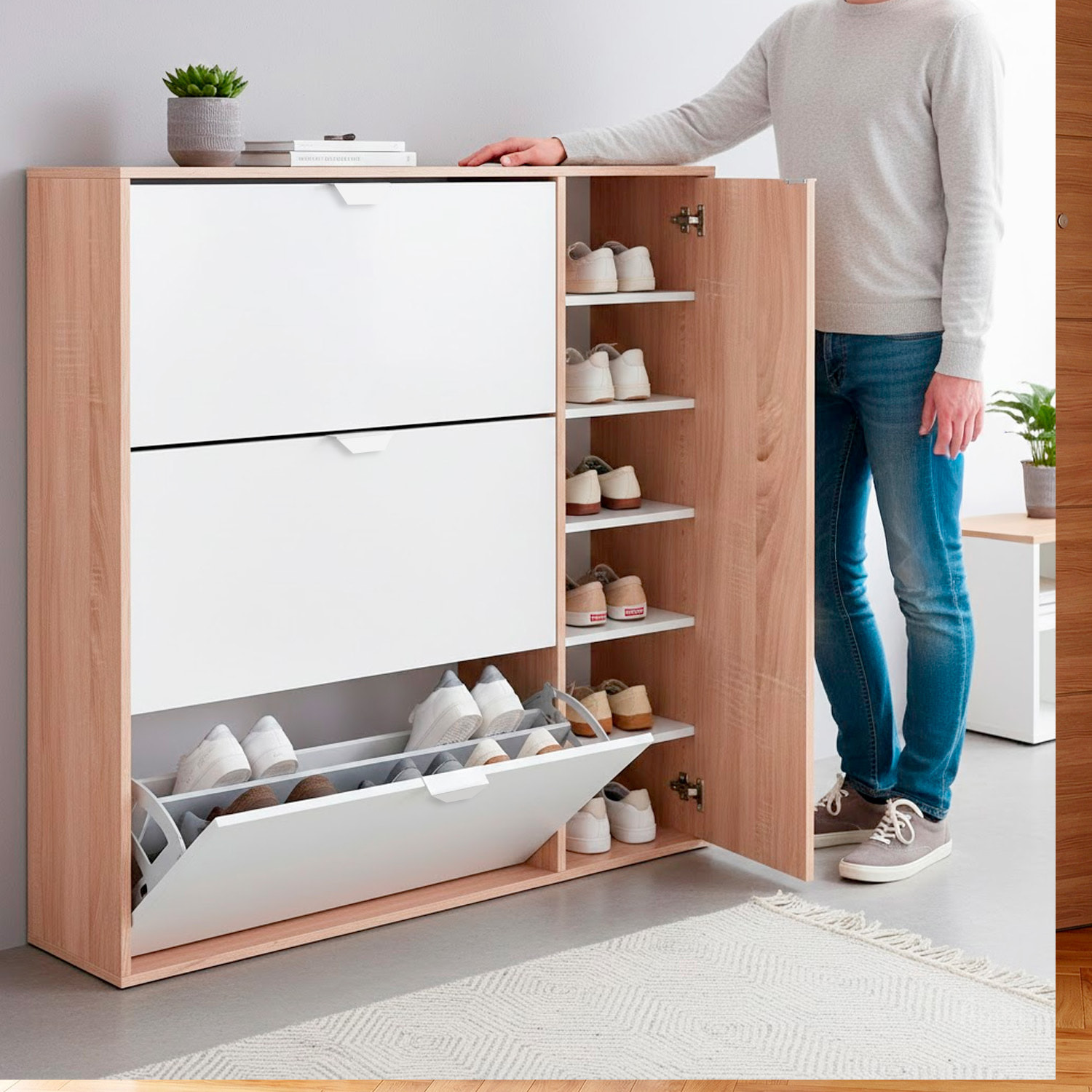 Multiuso 3 Ribalte Con Anta Laterale A 5 Ripiani Regolabili Salvaspazio Per Ingresso Fino A 30 Paia Di Scarpe 112 x 105 x 24 Cm Rovere E Bianco