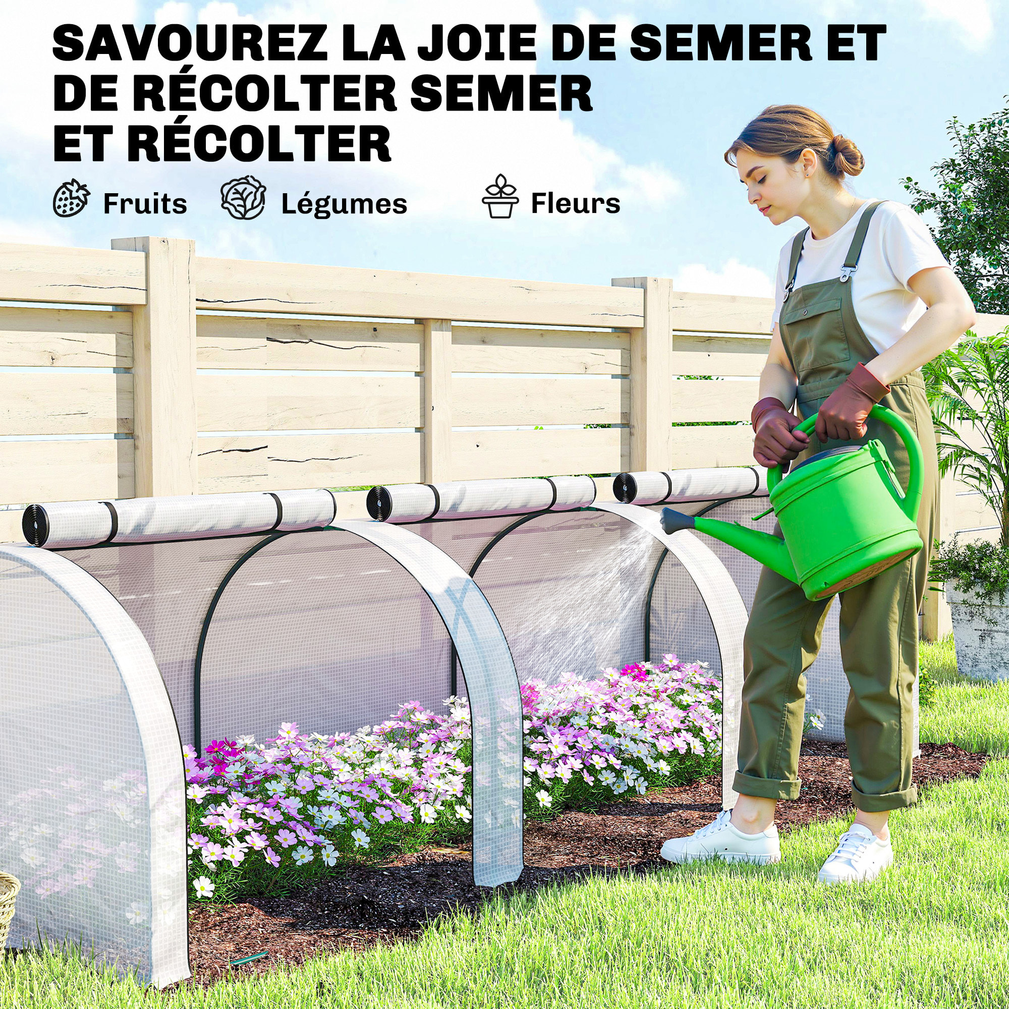 Mini serre de jardin serre à tomates 2,95L x 1l x 0,8H m acier PE haute densité 140 g/m² anti-UV 3 fenêtres zip enroulables blanc