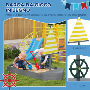 Outsunny Sabbiera per Bambini 3-8 Anni a forma di Barca, in Legno di Abete e Poliestere, 190x90x138 cm