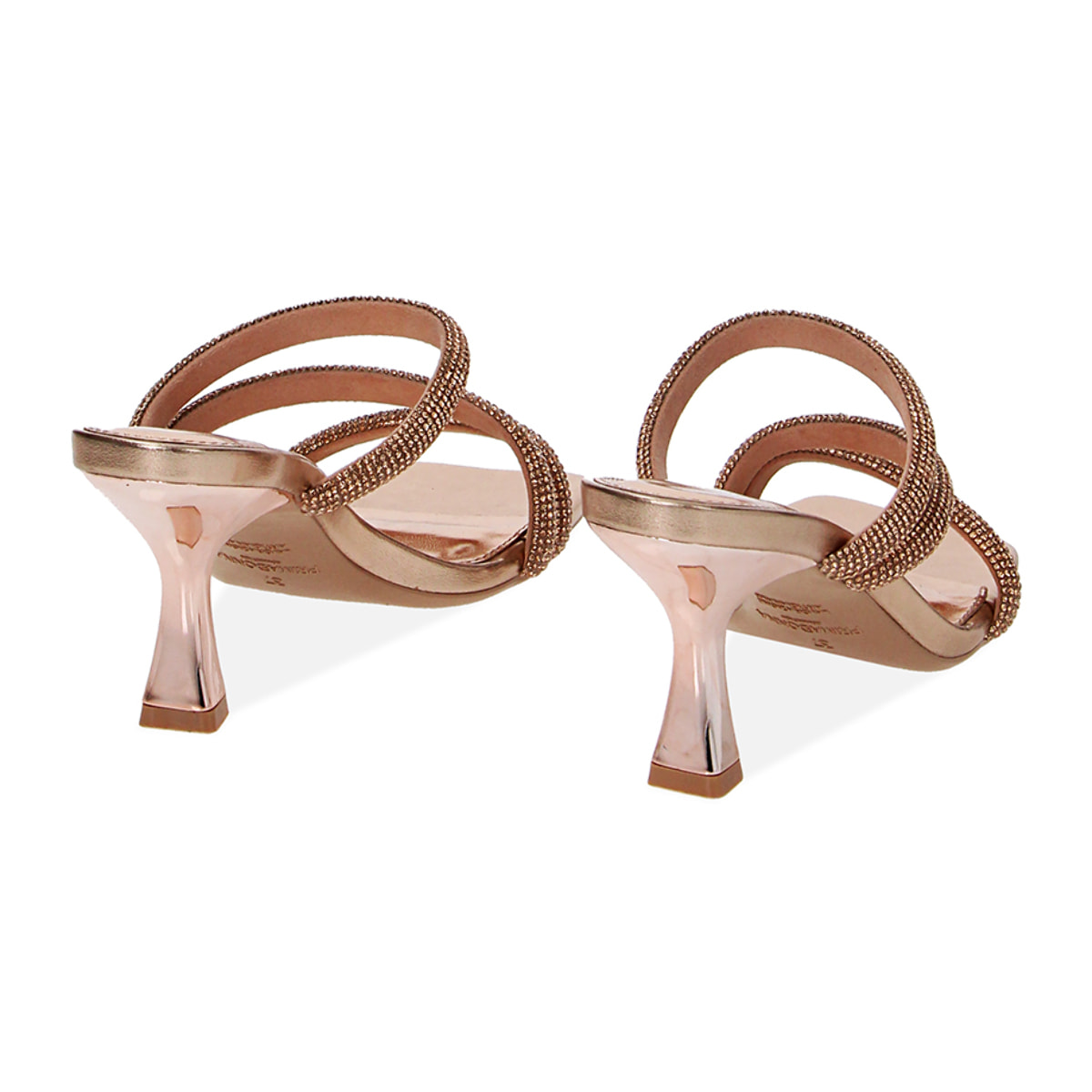 Mules open toe para mujer rosa dorado en laminado y piedras