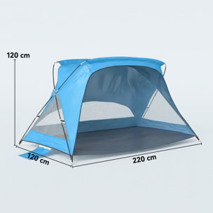 Tienda de Playa, Carpa de Playa Plegable para 2-3 Personas con Sacos de Arena, Puerta, Ventanas, UPF30+, Bolsa de Transporte y Bolsillo para Parque, Camping, 220x120x120 cm, Azul Cielo