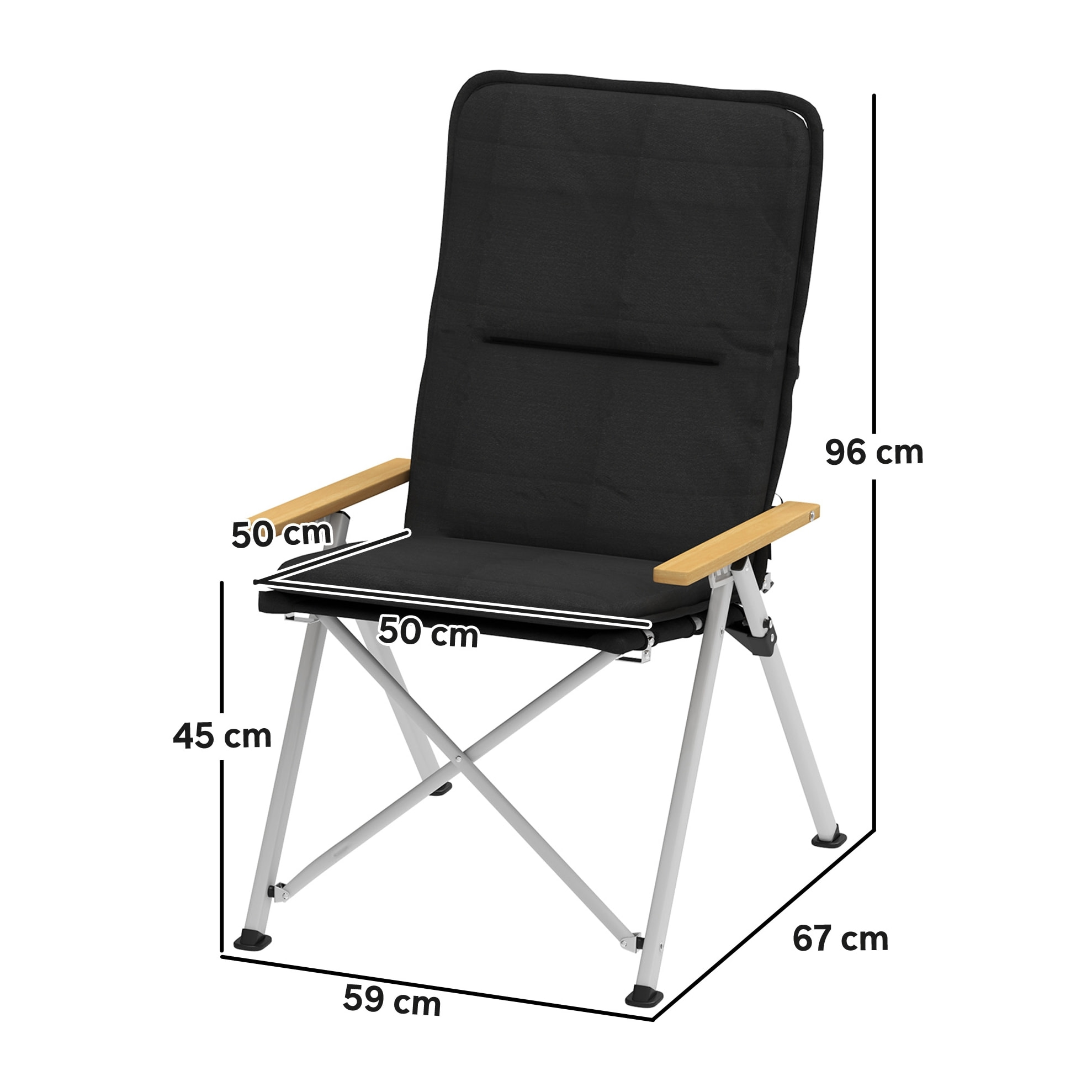 2 Sillas de Camping Plegables de Aluminio Sillas de Jardín Portátiles con Respaldo Alto Ajustable Reposabrazos de Madera y Bolsa de Transporte para Exterior 59x67x96 cm Negro