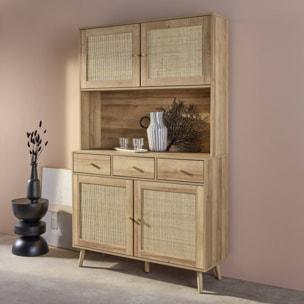 Buffet décor bois et cannage 4 portes 3 tiroirs 110 cm BOHÈME
