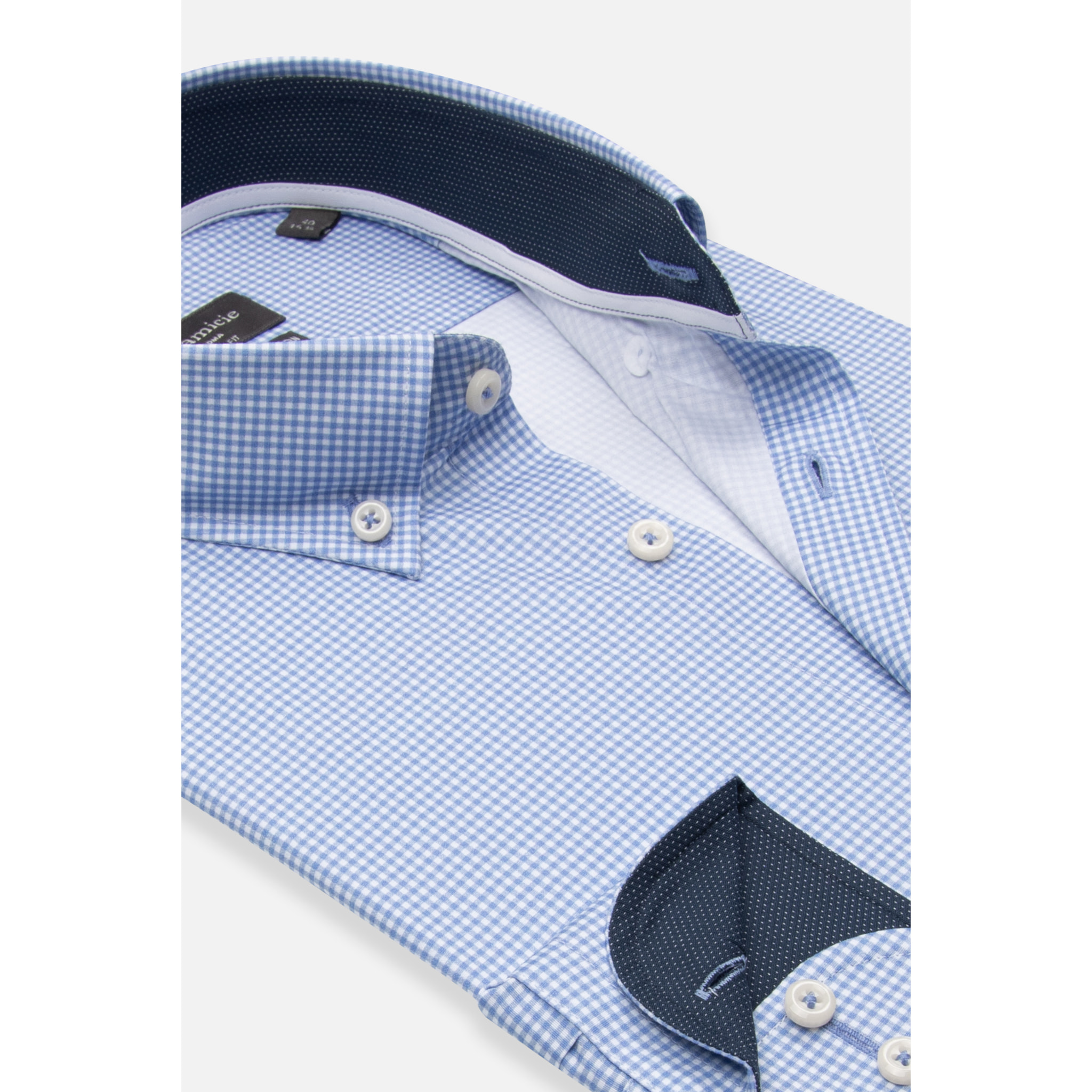 camicia uomo 1 bottone button down slim Popeline Stretch Quadro Piccolo Blu Inchiostro\Bianco