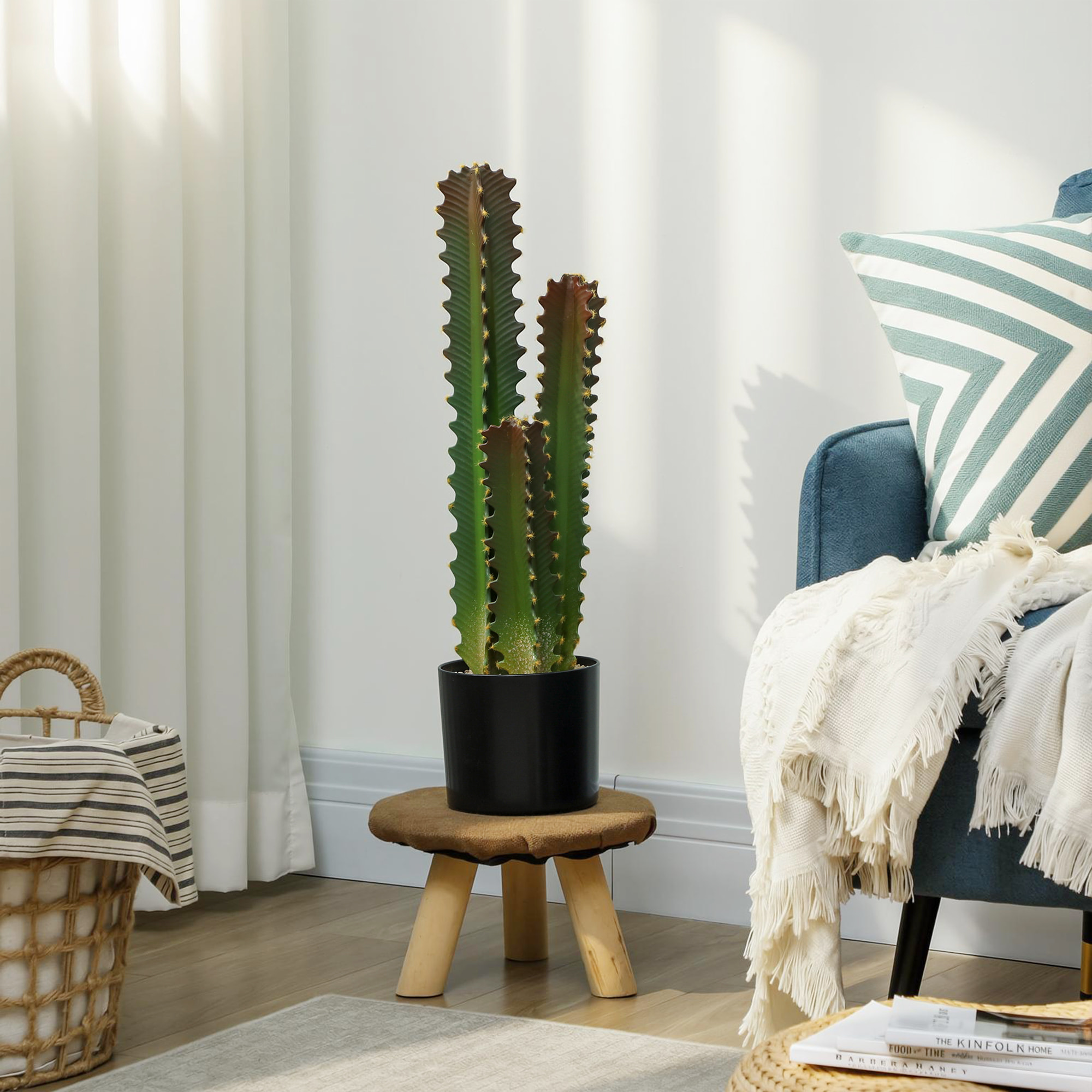 Cactus Artificial 66 cm, Planta Artificial Decorativa con Maceta y 3 Hojas, para Decoración del Interior, Hogar, Oficina, Salón, Verde
