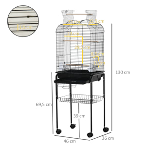 PawHut Cage à oiseaux volière amovible sur roulettes - toit ouvrant, tiroir déjection, 2 perchoirs, 2 trappes, porte, 2 mangeoires, 2 poignées - étagère - acier PP noir