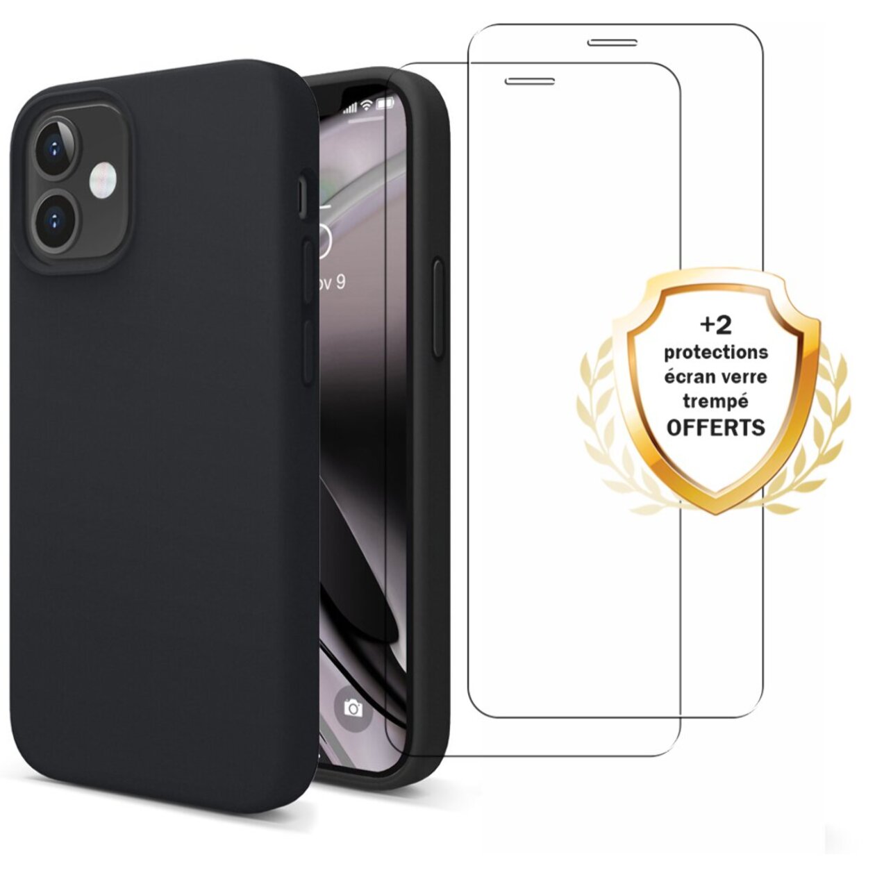 Coque iPhone 12 Mini Silicone liquide Noire + 2 Vitres en Verre trempé Protection écran Antichocs