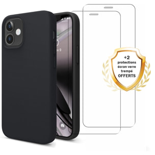 Coque iPhone 12 Mini Silicone liquide Noire + 2 Vitres en Verre trempé Protection écran Antichocs