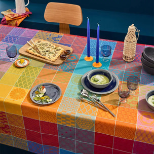 Chemin de table pur coton motif jacquard orange violet Mille hana floralies