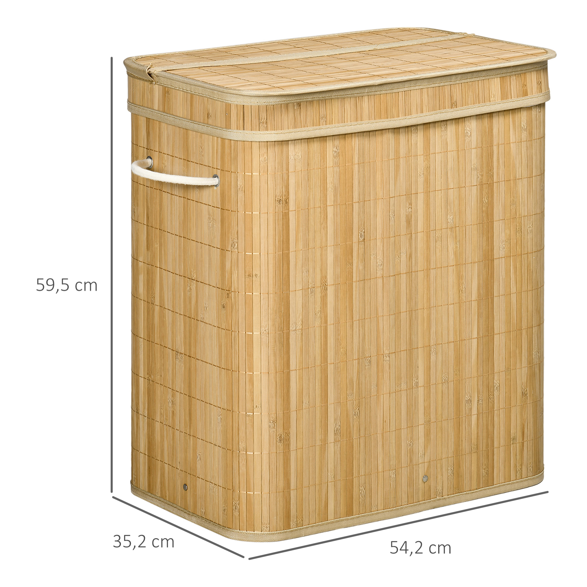 Cesto de Ropa Sucia con Tapa, 90L, Cesta Ropa Sucia de Bambú con 2 Compartimentos, Bolsa Interior Extraíble y Lavable, Asas, para Lavandería, Dormitorio, 54,2x35,2x59,5 cm, Natural