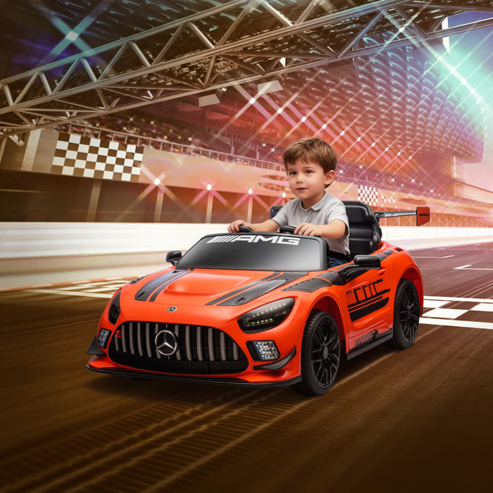 Coche Eléctrico para Niños, Mercedes-AMG GT3 Evo, Coche de Batería 12V, con Mando a Distancia 2,4 G, Motor Doble, Ruedas Auxiliares, Asa de Arrastre, Música Inalámbrica, Faros, Naranja