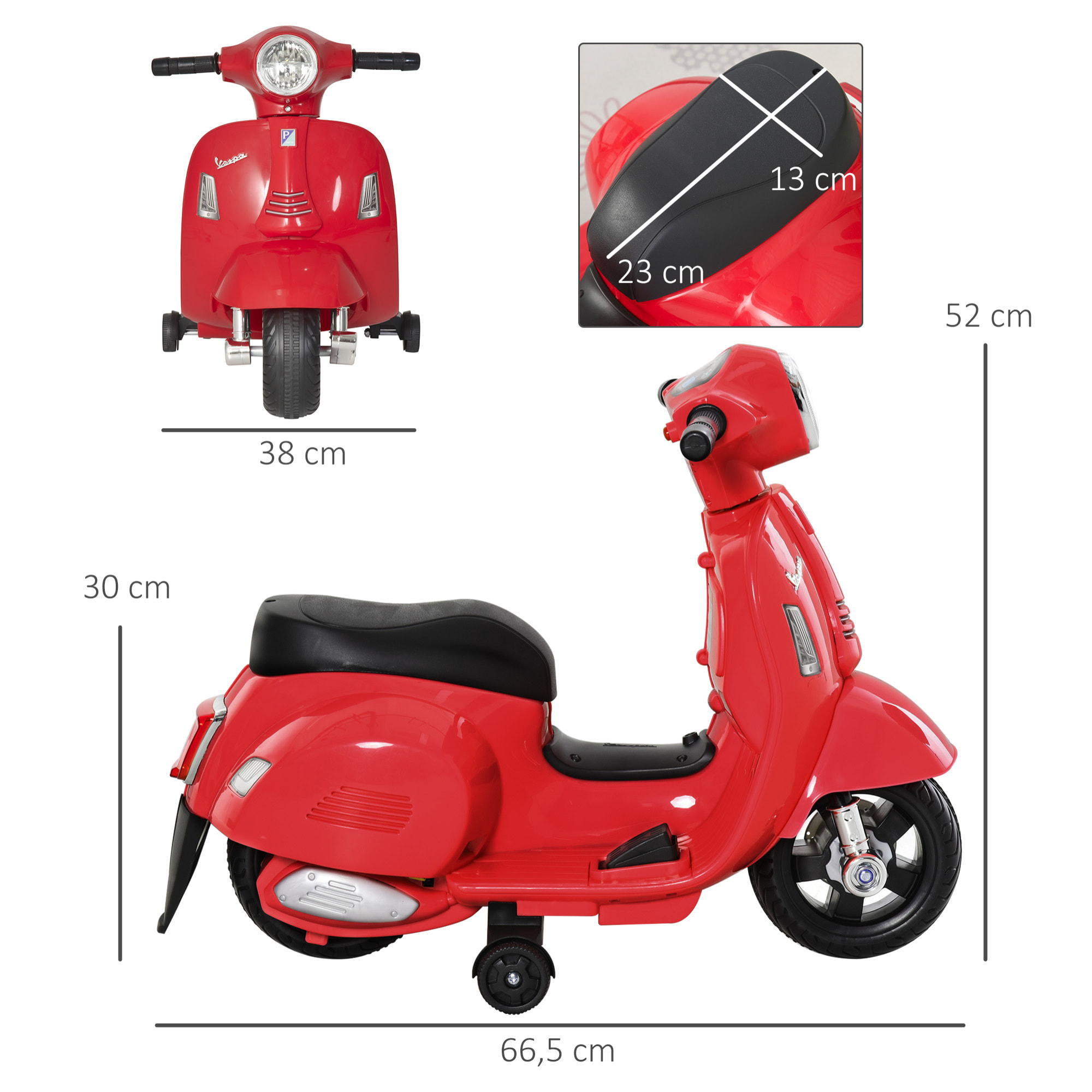 Moto Eléctrica Vespa para Niños 18-36 Meses con Faro Bocina y 4 Ruedas Rojo