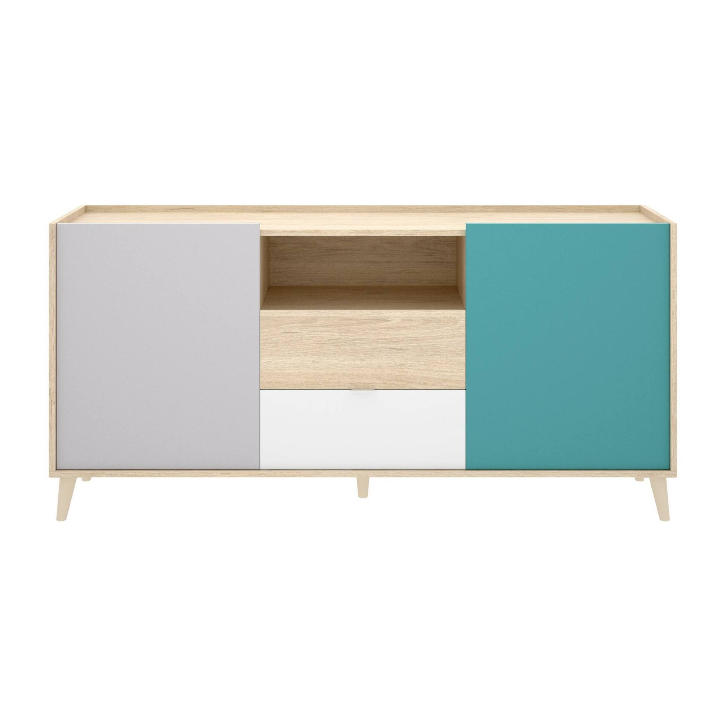 Credenza Rainier, Buffet da soggiorno, Madia da salotto moderna a 2 ante, 155x43h75 cm, Bianco e Rovere