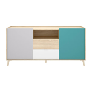 Credenza Rainier, Buffet da soggiorno, Madia da salotto moderna a 2 ante, 155x43h75 cm, Bianco e Rovere