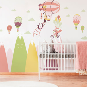 Stickers muraux enfants - Décoration chambre bébé - Autocollant Sticker mural géant enfant montagnes scandinaves ANIMAUX FOUS DANS LES AIRS