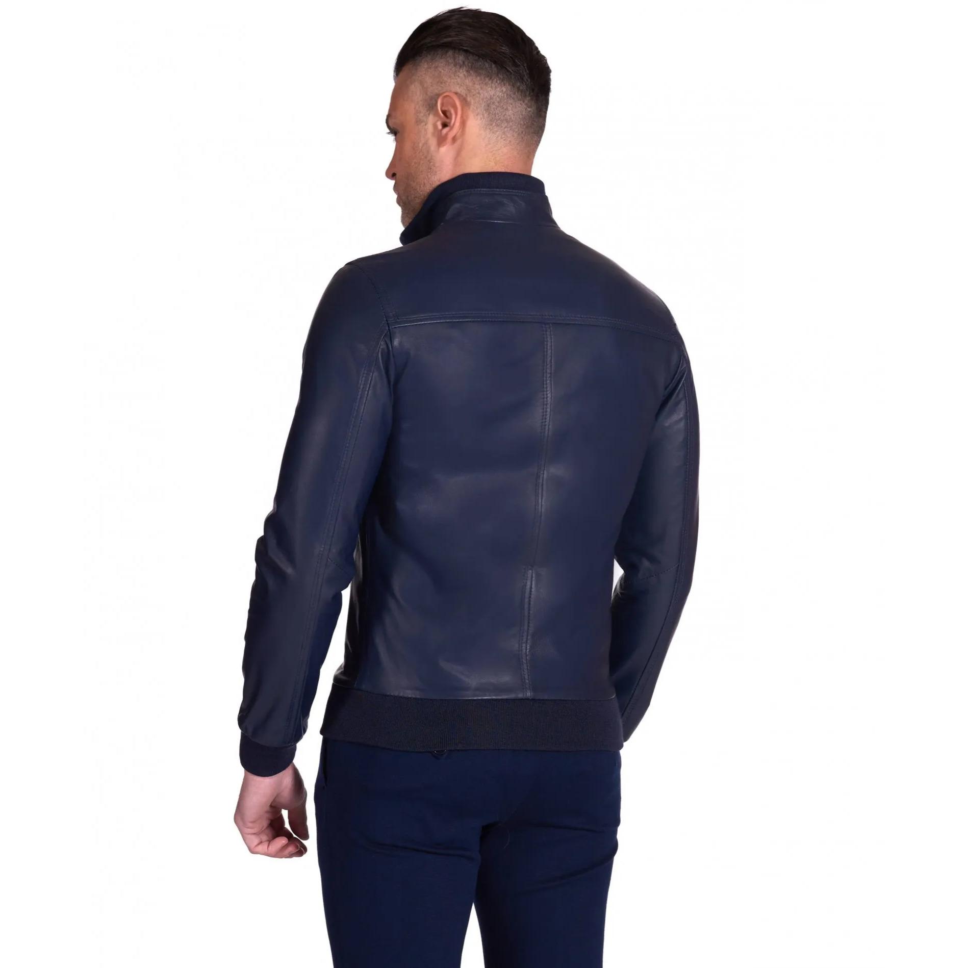 Giacca Bomber in pelle blu nappa effetto liscio