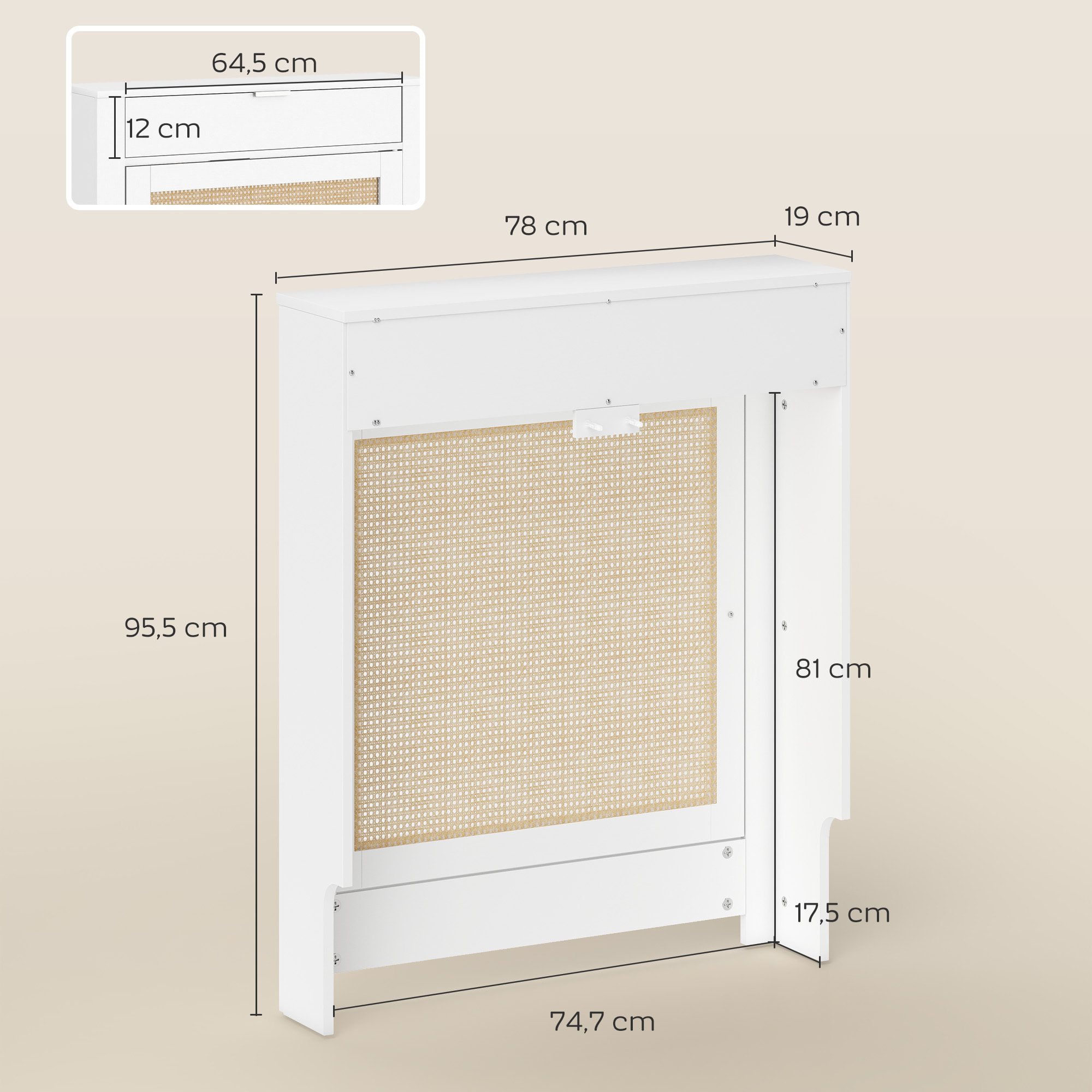 Cubre Radiadores con Puerta Abatible y Ratán, Cubreradiador de MDF, 78x19x95,5 cm, Cubierta para Radiador, Compartimento, Diseño Bohemio, para Salón, Dormitorio, Blanco