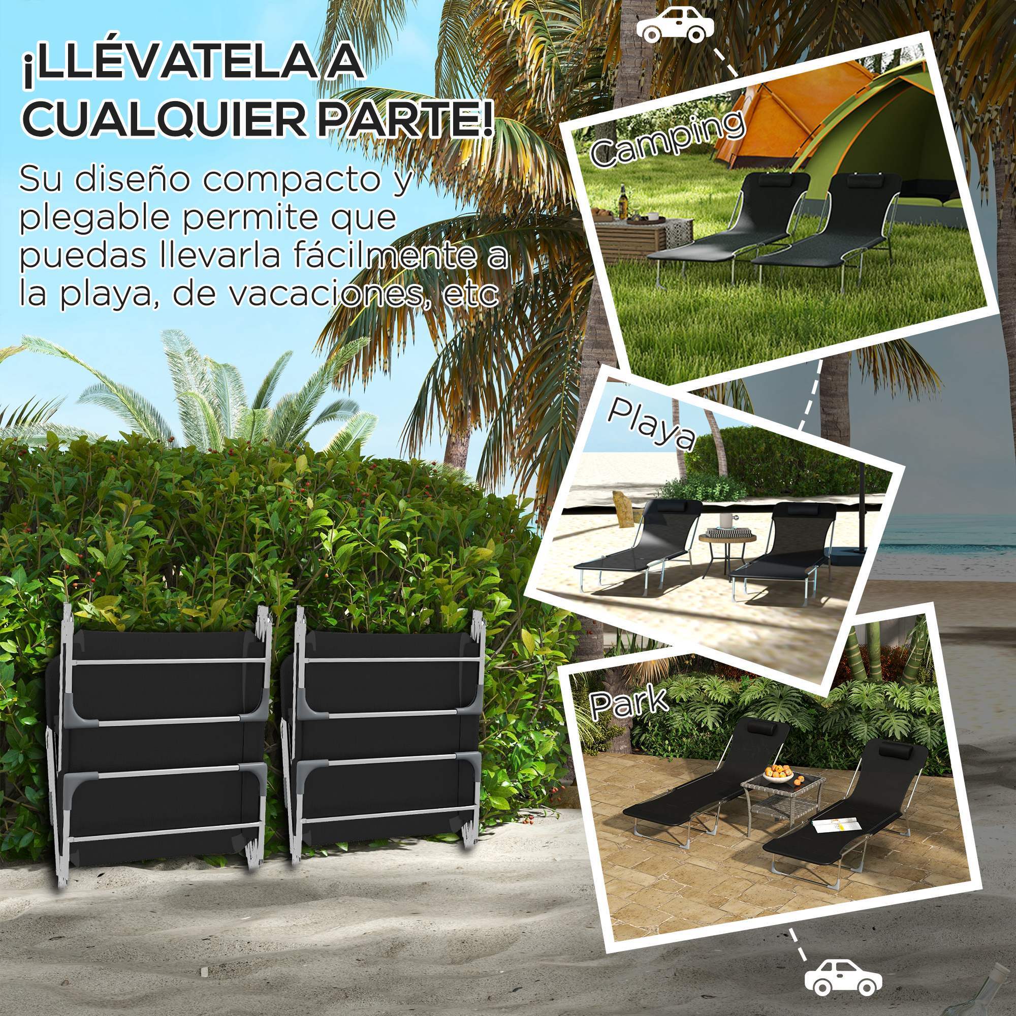 Conjunto de 2 Tumbonas Plegables y Reclinables de Jardín con Reposacabezas y Respaldo Ajustable en 5 Niveles Carga 120 kg para Playa Terraza 182x56x24,5 cm Negro