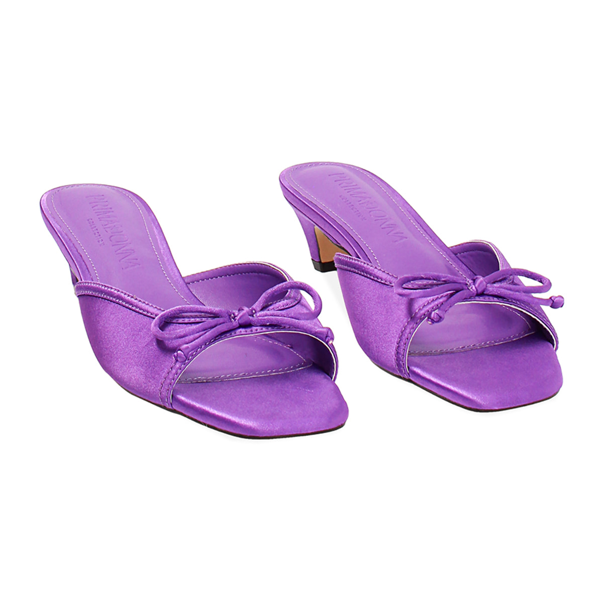 Mules open toe donna viola in raso, tacco 4 cm