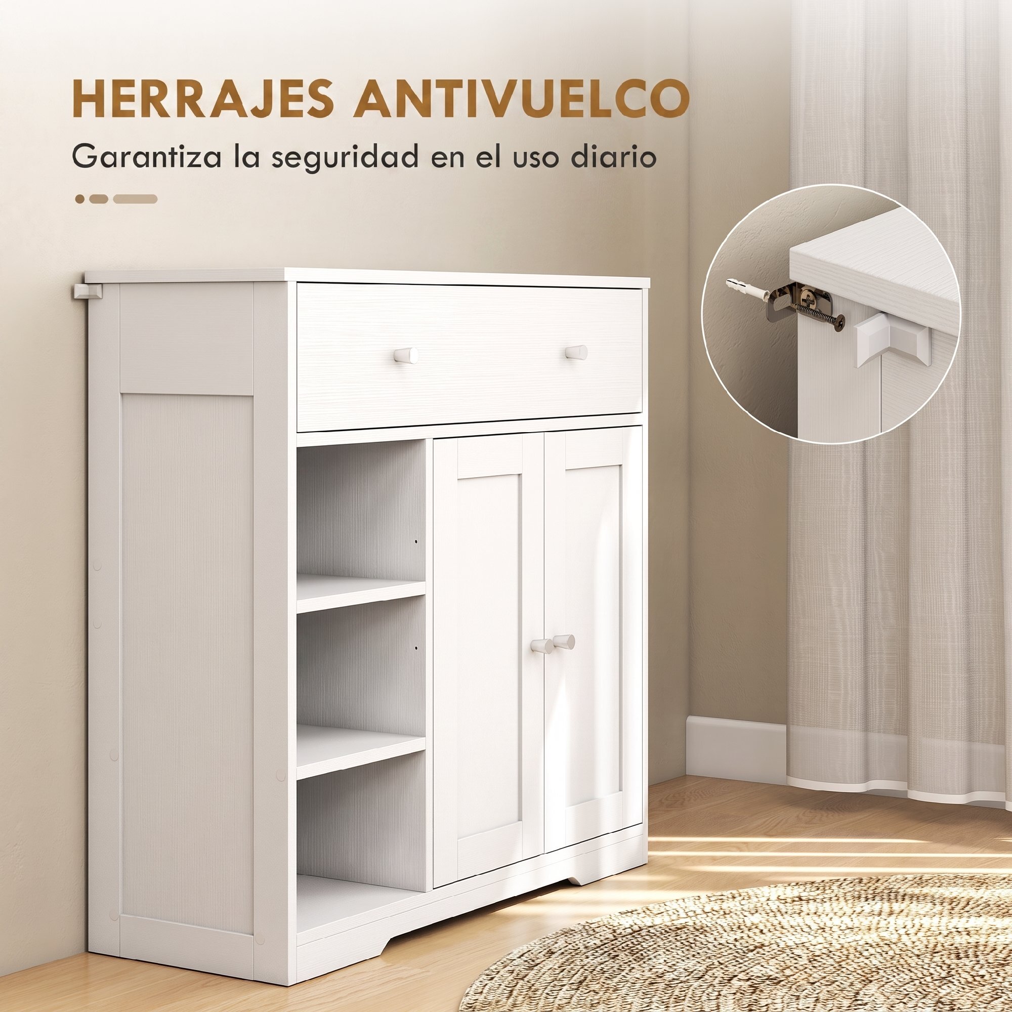 Armario de Baño Estrecho, Mueble Auxiliar de Baño con Cajón, 2 Puertas y 3 Estantes Abiertos, Ahorro Espacio, 80x30x80,2 cm, para Cocina, Salón o Despacho, Blanco Veteado