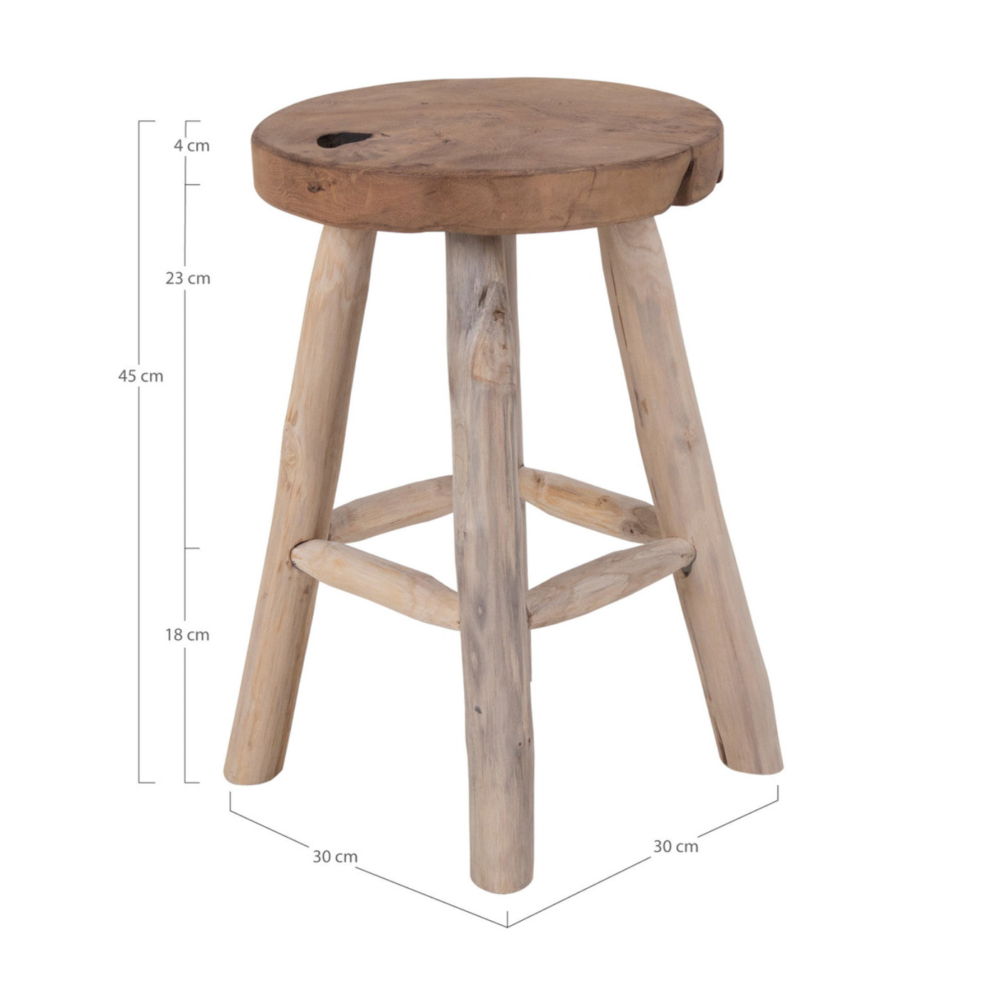 Sgabello Badia in teak naturale a 4 gambe, ø30 x 45 cm