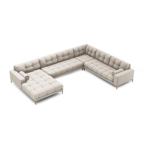 Canapé d'angle droit panoramique "Bali" 7 places en tissu structurel beige