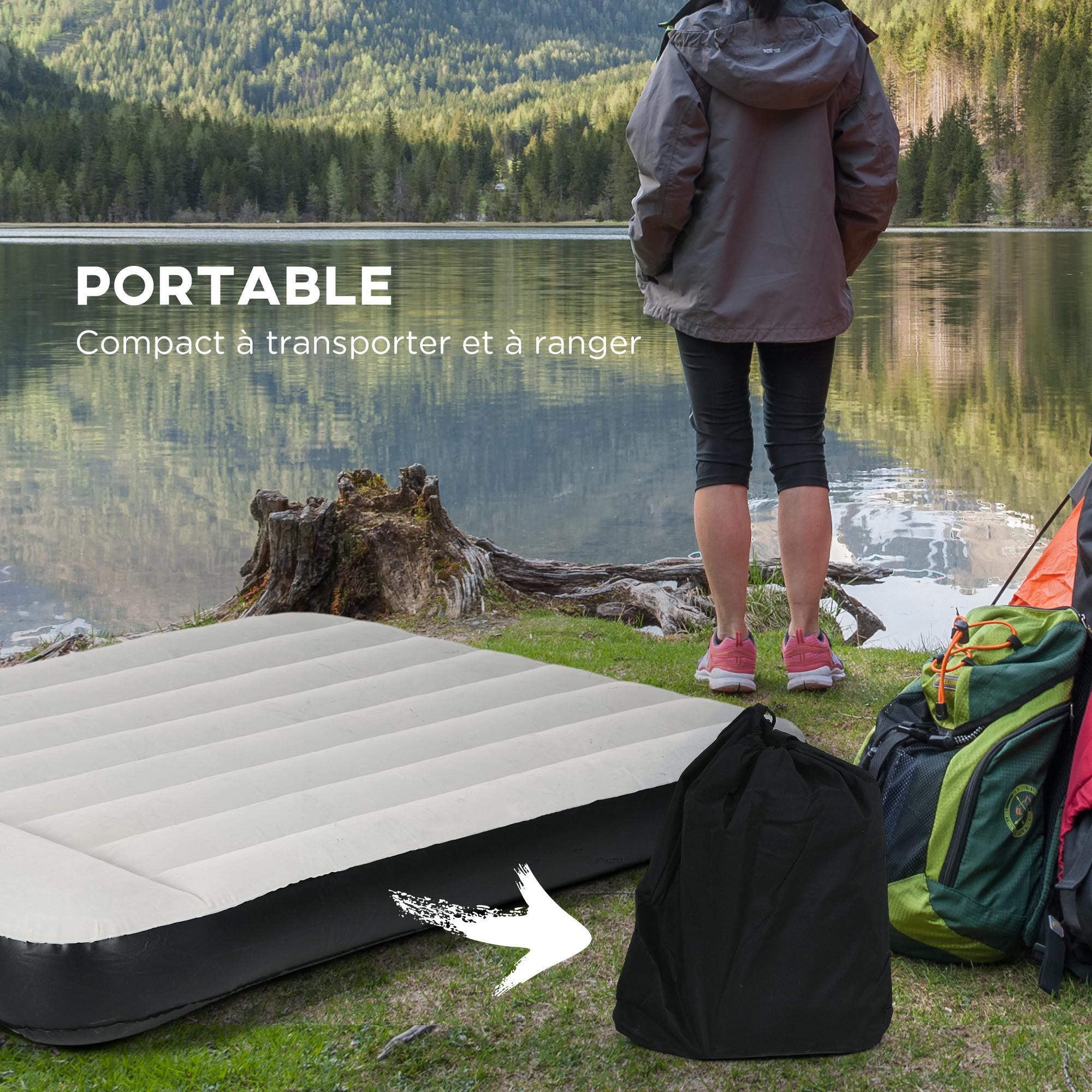 Matelas gonflable 2 places gonfleur électrique intégré sac PVC noir surface floquée gris clair