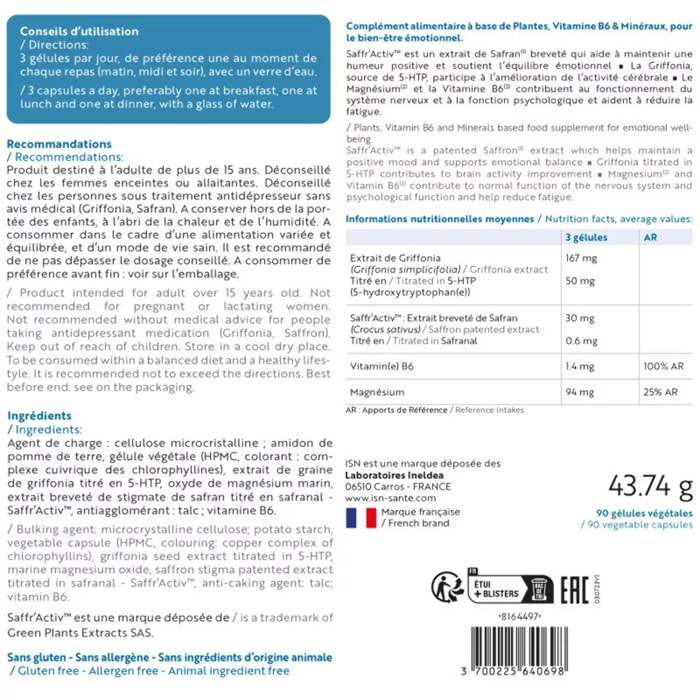 Ineldea Santé Naturelle - Euphoryl - Complément alimentaire - Safran et Magnésium Marin - Bon équilibre émotionnel - Vitalité - 90 gélules végétales - Cure 60 jours - Lot de 2