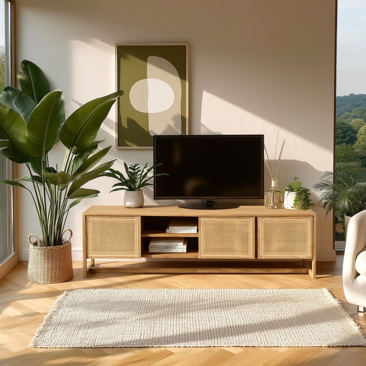 AMY - Meuble TV 3 portes 2 niches L180cm en bois de mindi et rotin naturel