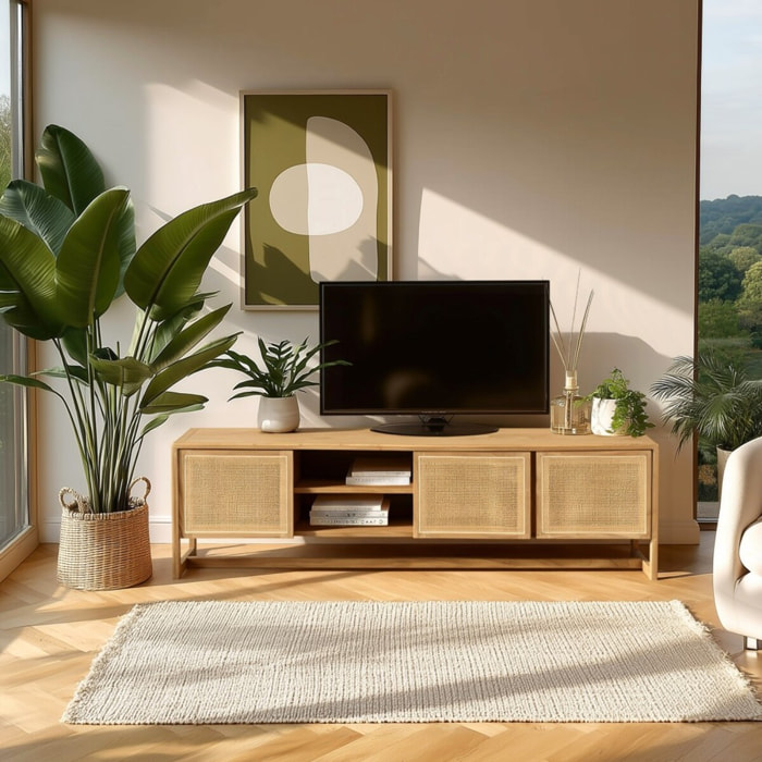 AMY - Meuble TV 3 portes 2 niches L180cm en bois de mindi et rotin naturel