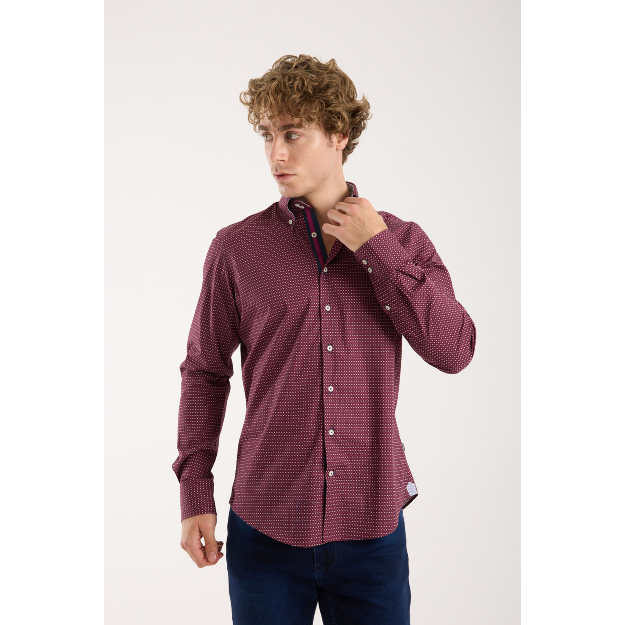 Camicia Uomo 2 Bottoni Button Down Slim Popeline Stretch Stampato Ciclamino e Bianco
