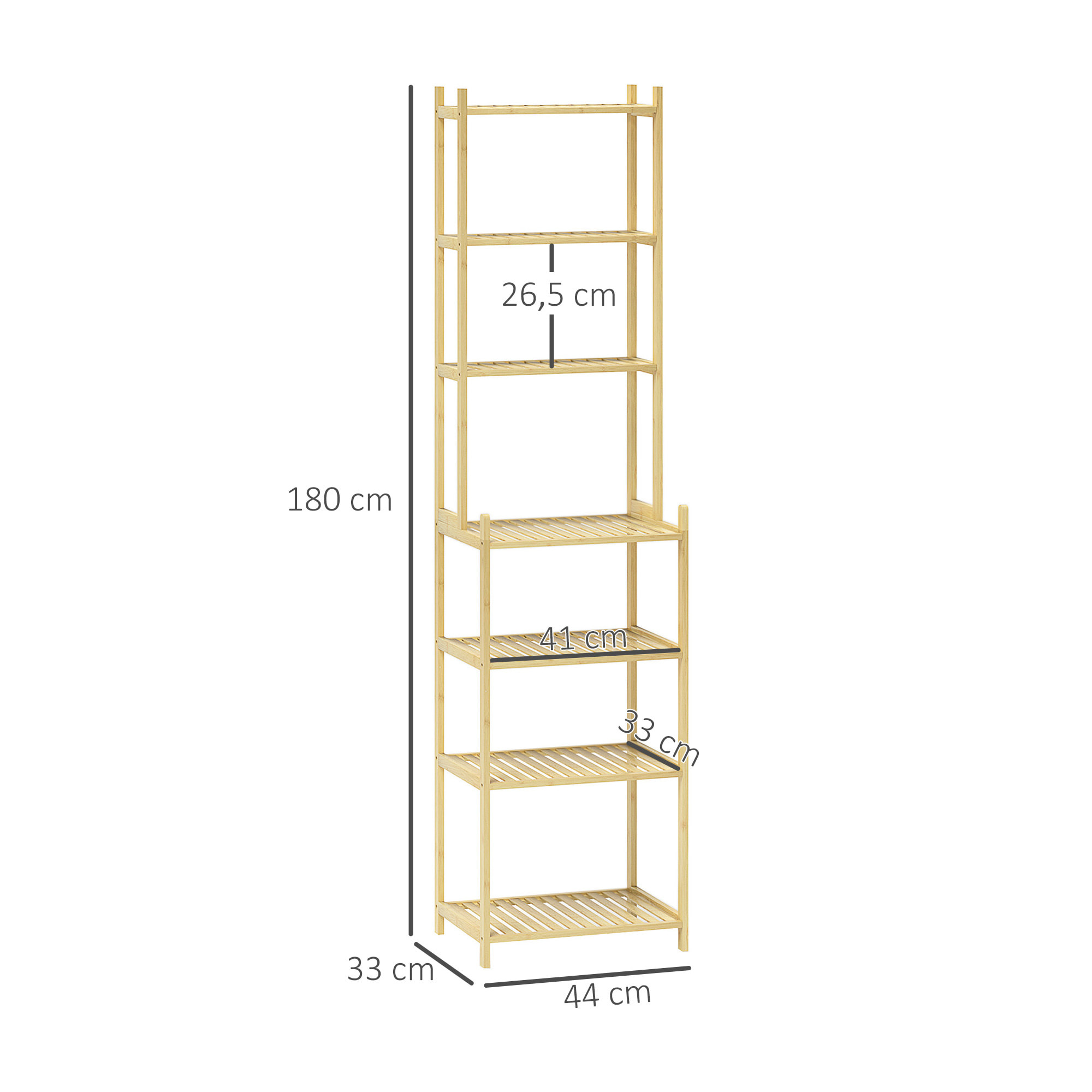 Estantería de Baño de Bambú de 7 Niveles, Estantería de Almacenaje Diseño de Lamas para Cocina, Baño, Salón, 44x33x180 cm, Natural