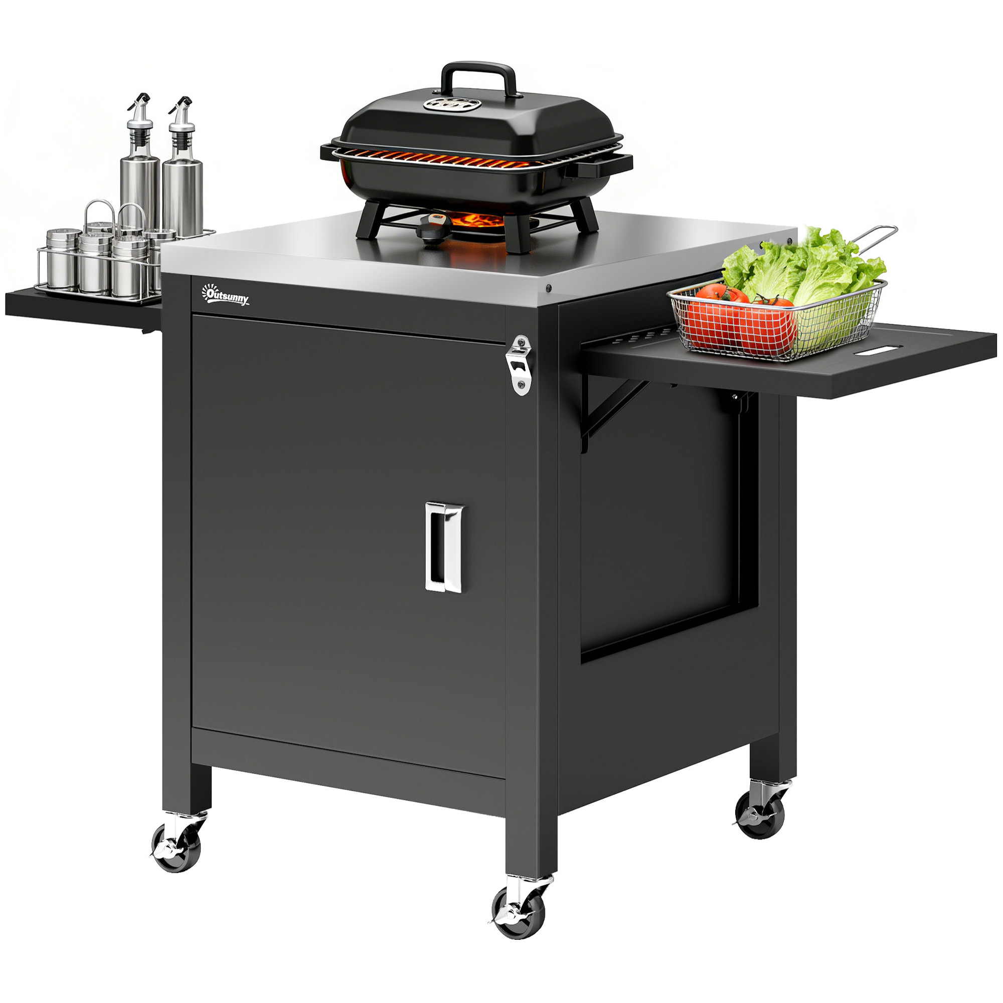 Desserte de jardin une porte 2 tablettes rabattables plateau acier inox