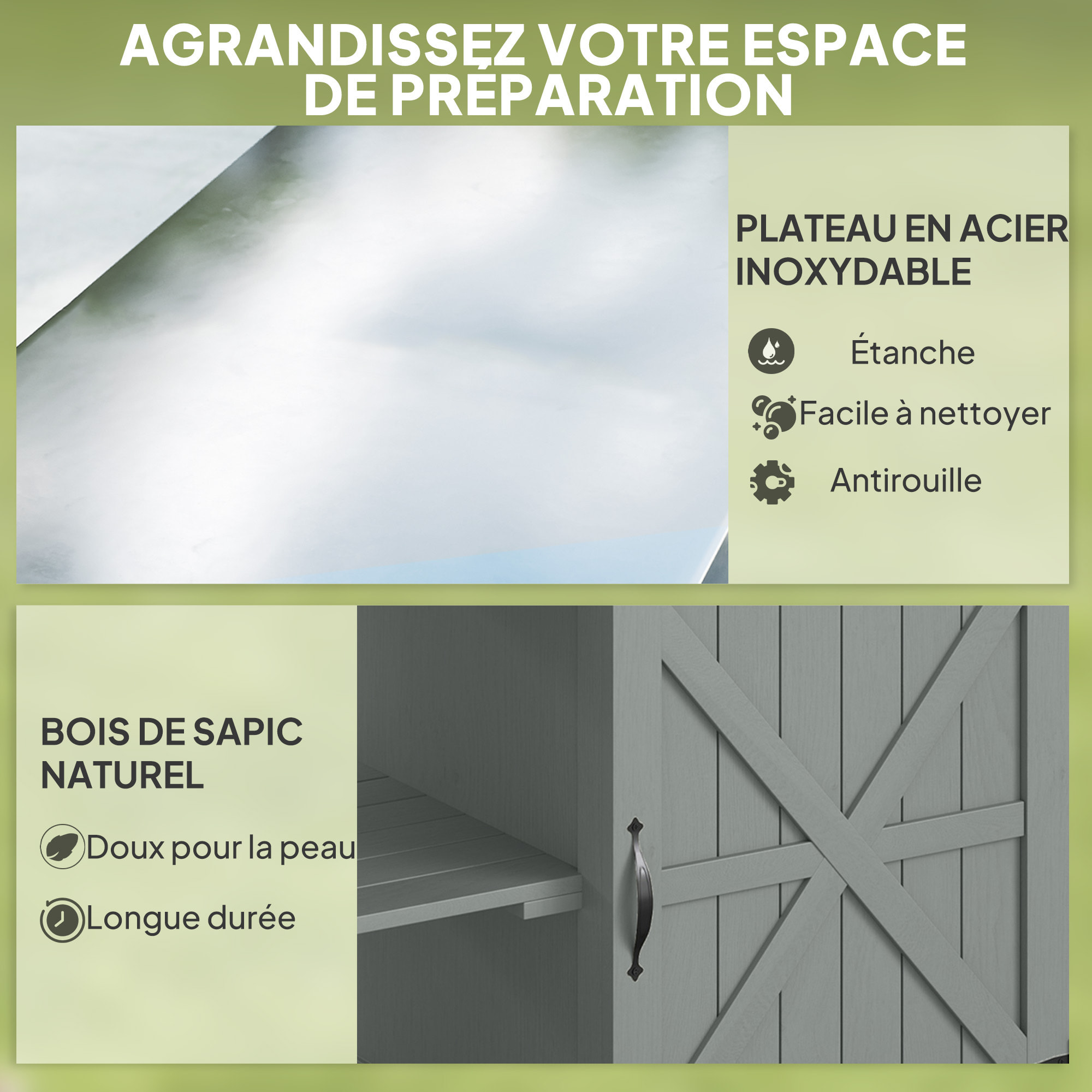 Desserte de jardin - desserte pour plancha - porte, 2 étagères, 3 niches - plateau acier inox gris