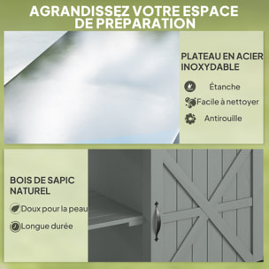Desserte de jardin - desserte pour plancha - porte, 2 étagères, 3 niches - plateau acier inox gris