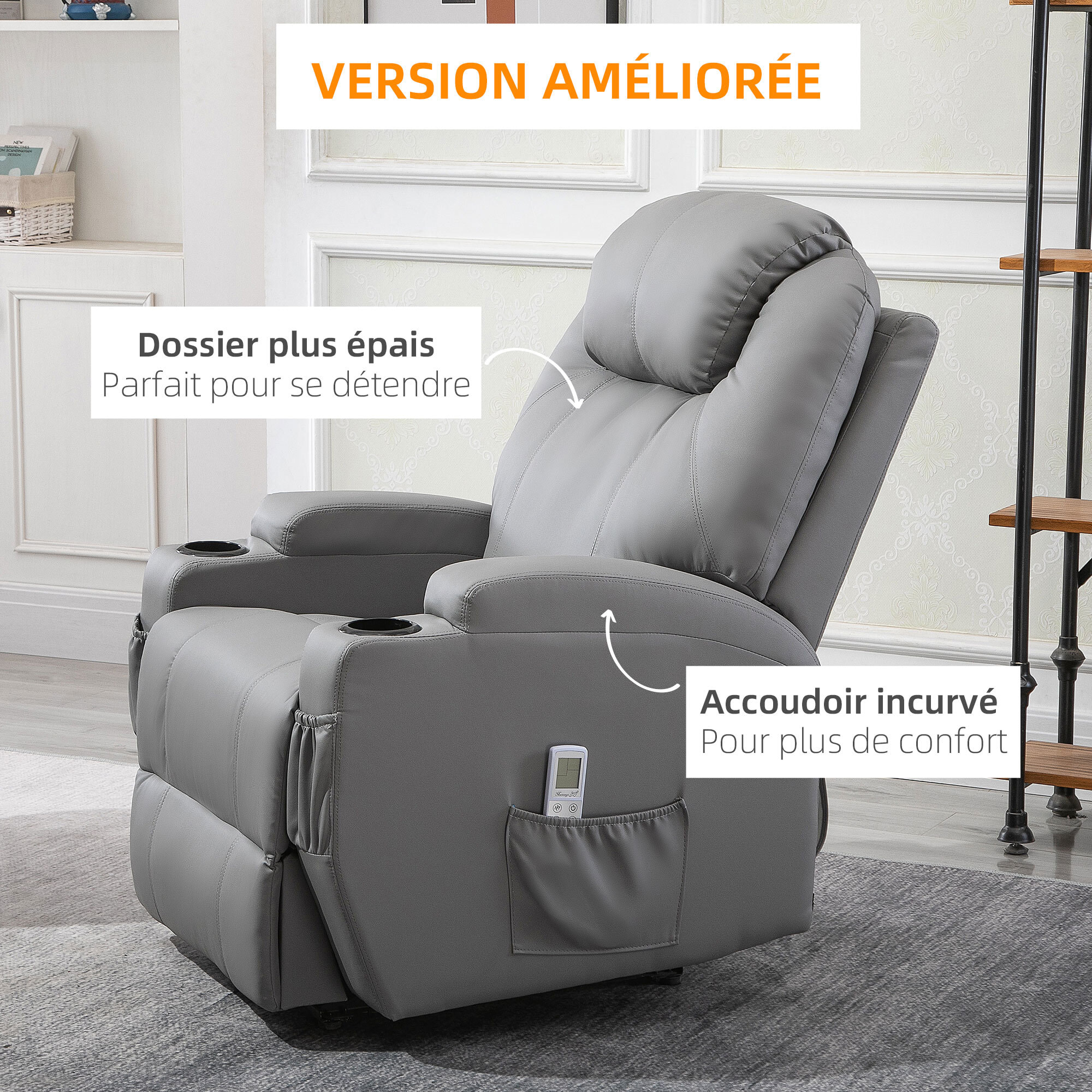 Fauteuil luxe de relaxation et massage inclinaison dossier repose-pied électrique revêtement synthétique gris