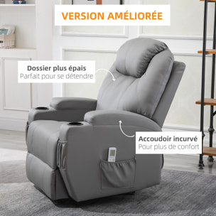 Fauteuil luxe de relaxation et massage inclinaison dossier repose-pied électrique revêtement synthétique gris