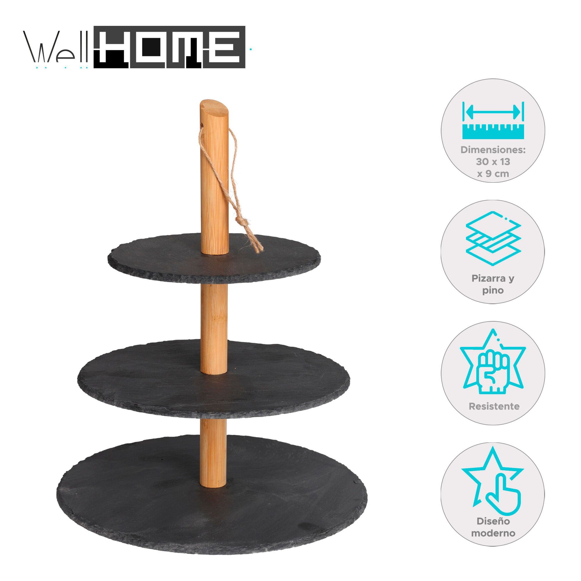 Torre de pizarra y madera de pino para presentación de comida