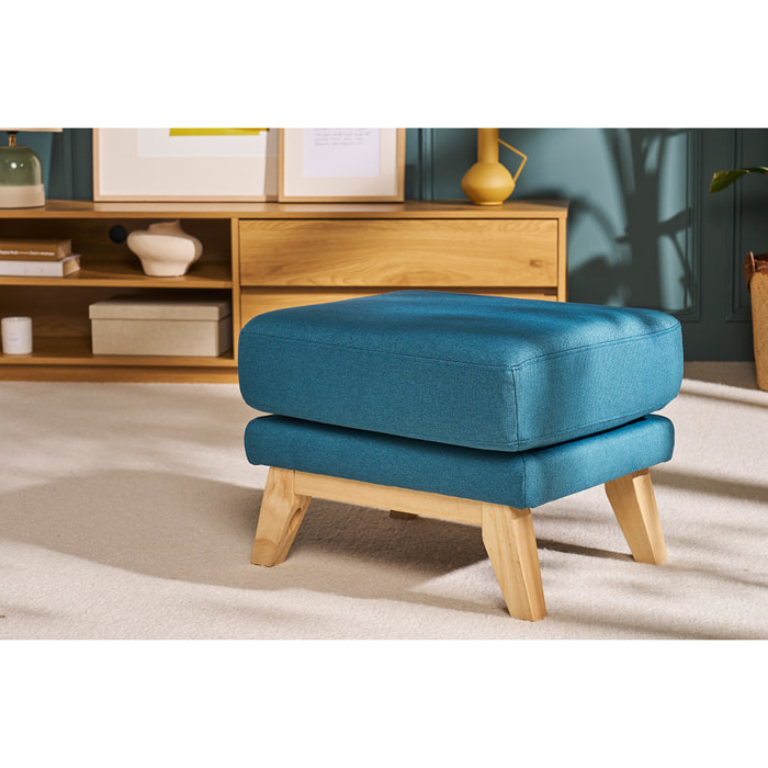 Pouf repose-pieds déhoussable scandinave en tissu bleu canard et bois clair OSLO