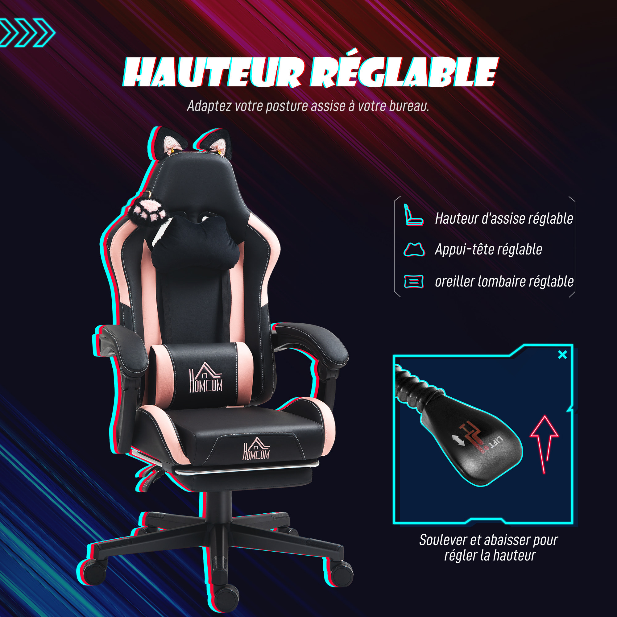 Chaise gaming design oreilles et patte de chat - inclinable, repose-pieds rétractable - rose noir