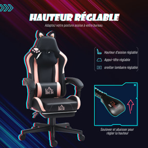 Chaise gaming design oreilles et patte de chat - inclinable, repose-pieds rétractable - rose noir