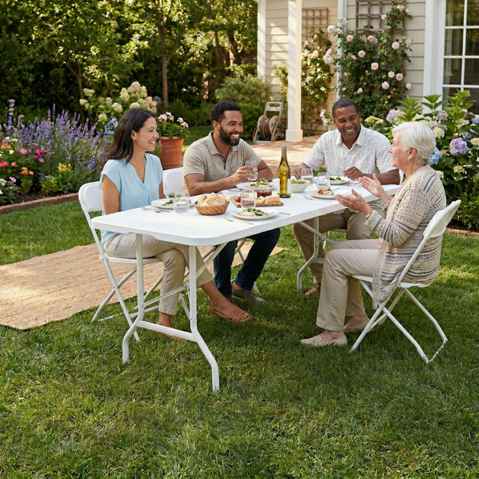 Essence + Purity - Set tavolo e 4 sedie pieghevoli da giardino terrazzo per campeggio picnic feste in resina bianco
