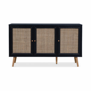 Buffet de rangement en cannage. noir 120x39x70cm  - Bohème - 2 niveaux. 3 portes. pieds scandinaves. buffet bas