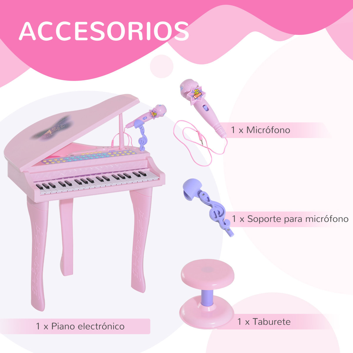 Piano Infantil 37 Teclas Teclado Electrónico Piano con Micrófono y Taburete Rosa