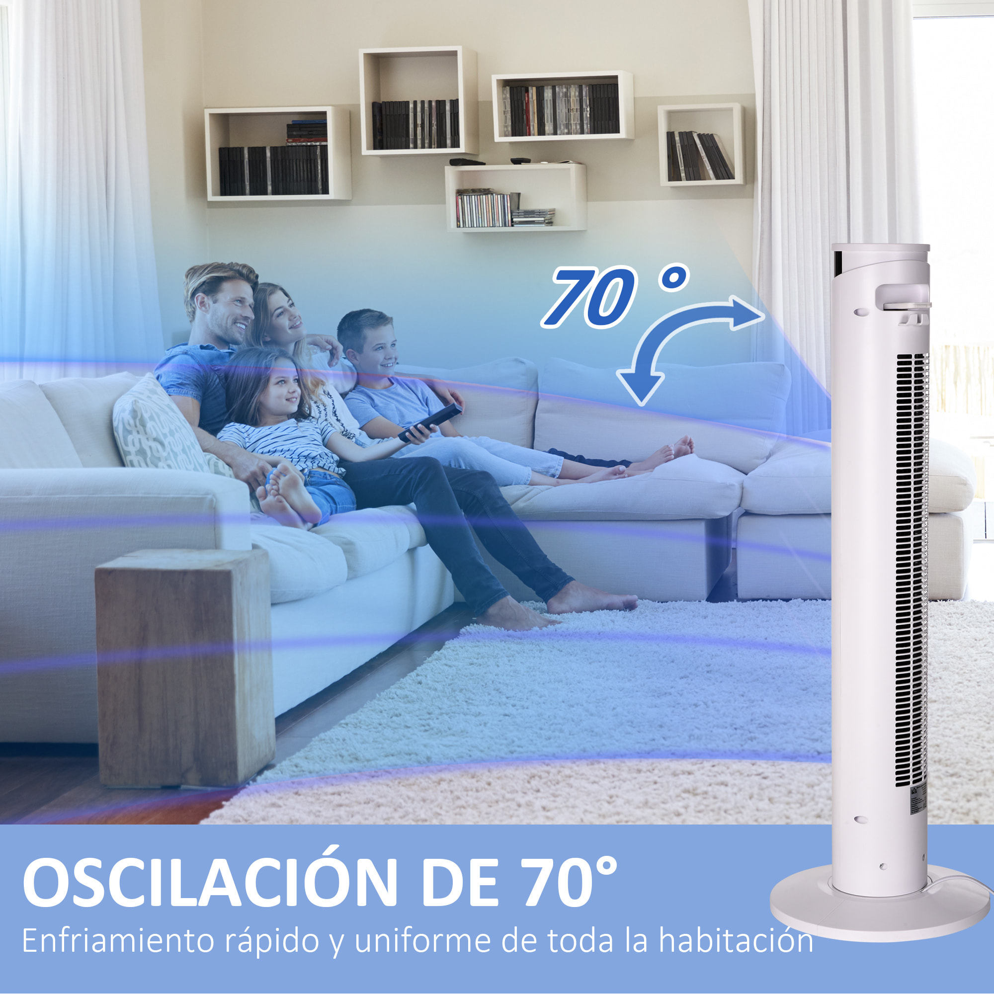 Ventilador de Torre Oscilante 45W con Control Remoto Temporizador de 12€¯h 3 Velocidades 3 Modos Pantalla LED y Asa de Transporte para Dormitorio Ø31,5x93 cm Blanco