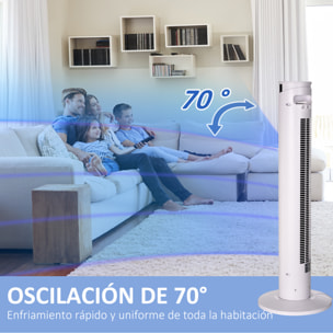 Ventilador de Torre Oscilante 45W con Control Remoto Temporizador de 12€¯h 3 Velocidades 3 Modos Pantalla LED y Asa de Transporte para Dormitorio Ø31,5x93 cm Blanco