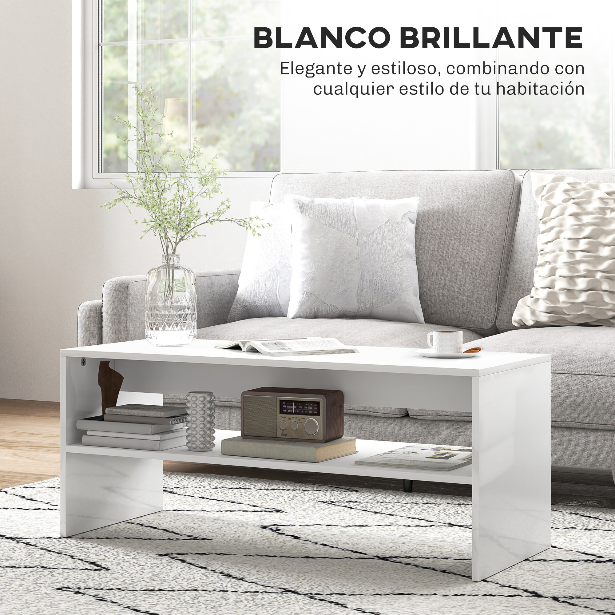 Mesa de Centro Mesa Auxiliar con Compartimento Abierto Mesa de Café para Salón Comedor 100x40x41,5 cm Blanco Brillante