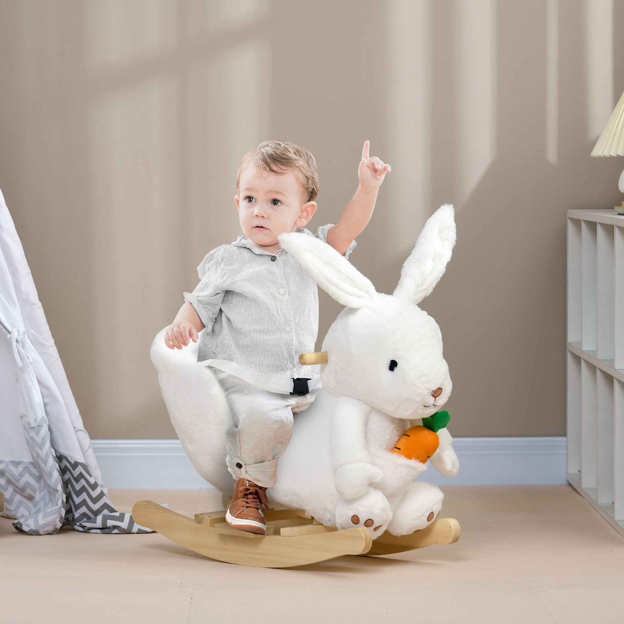 Jouet à bascule lapin siège grand confort intégré avec ceinture fonction sonore clapissement blanc