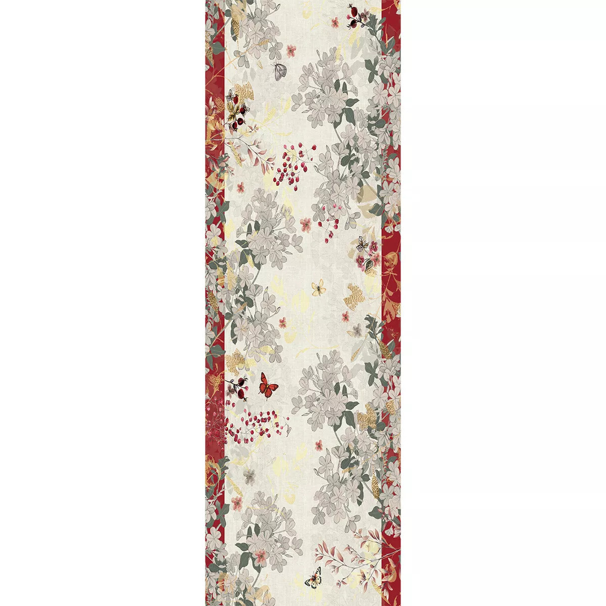 Chemin de table lin & coton lavé 150 g/m² imprimé beige bordeaux Vintage flowers cranberry