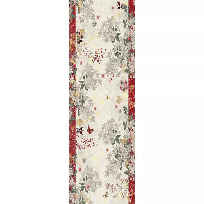 Chemin de table lin & coton lavé 150 g/m² imprimé beige bordeaux Vintage flowers cranberry